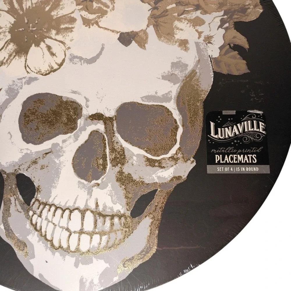 Halloween Skull Floral Placemats with metallic accents (Set of 4, Round 15 inch)